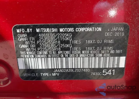 2020 Mitsubishi Outlander Es 2.4 из США, поврежденный, VIN JA4AD2A39LZ027480
